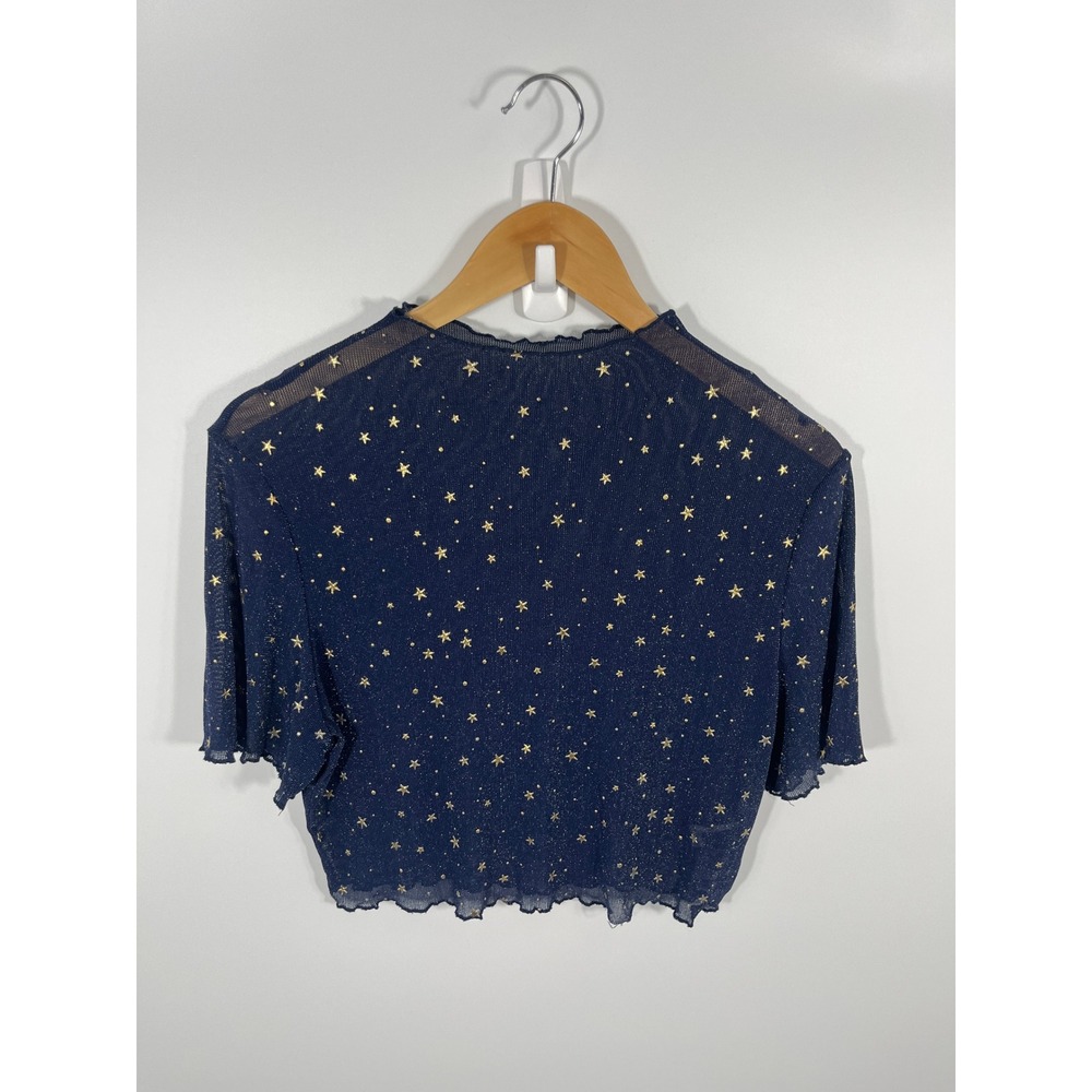 Womens Mock Neck Crop Top 1XL Blue Sheer Celestial Festival Concert Rave Stretch